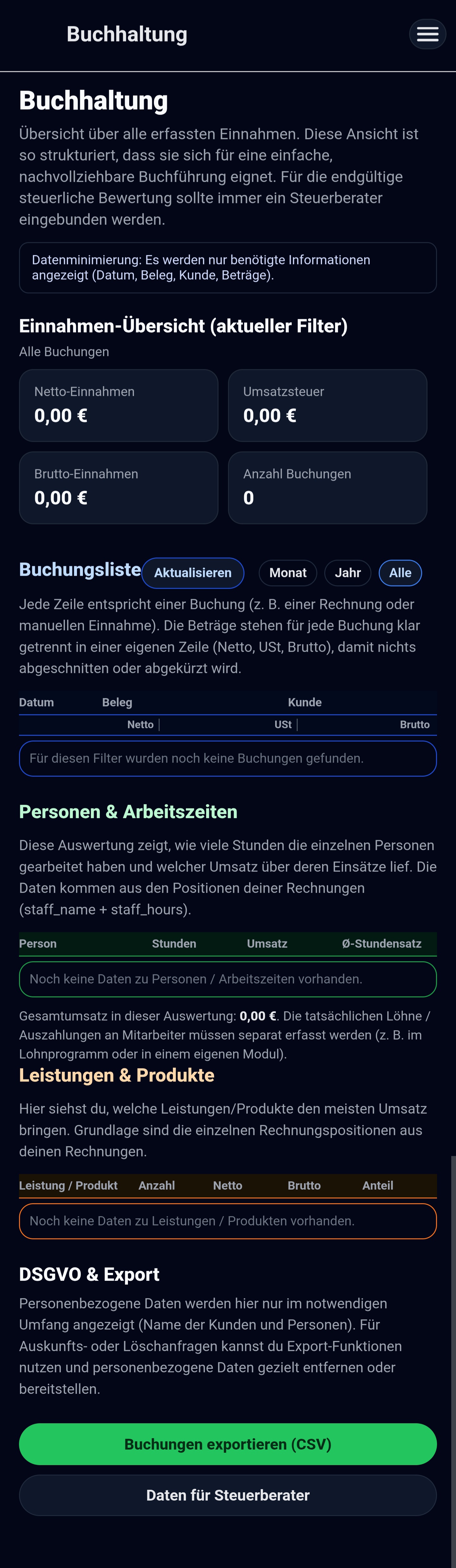 Valvero Buchhaltungsbereich mit Einnahmenübersicht, Personen- und Produktanalyse sowie DSGVO-Hinweisen