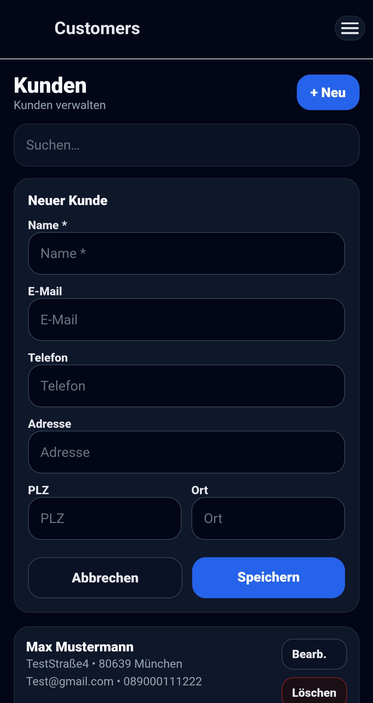 Valvero Kundenverwaltung mit Formular und Kundenliste