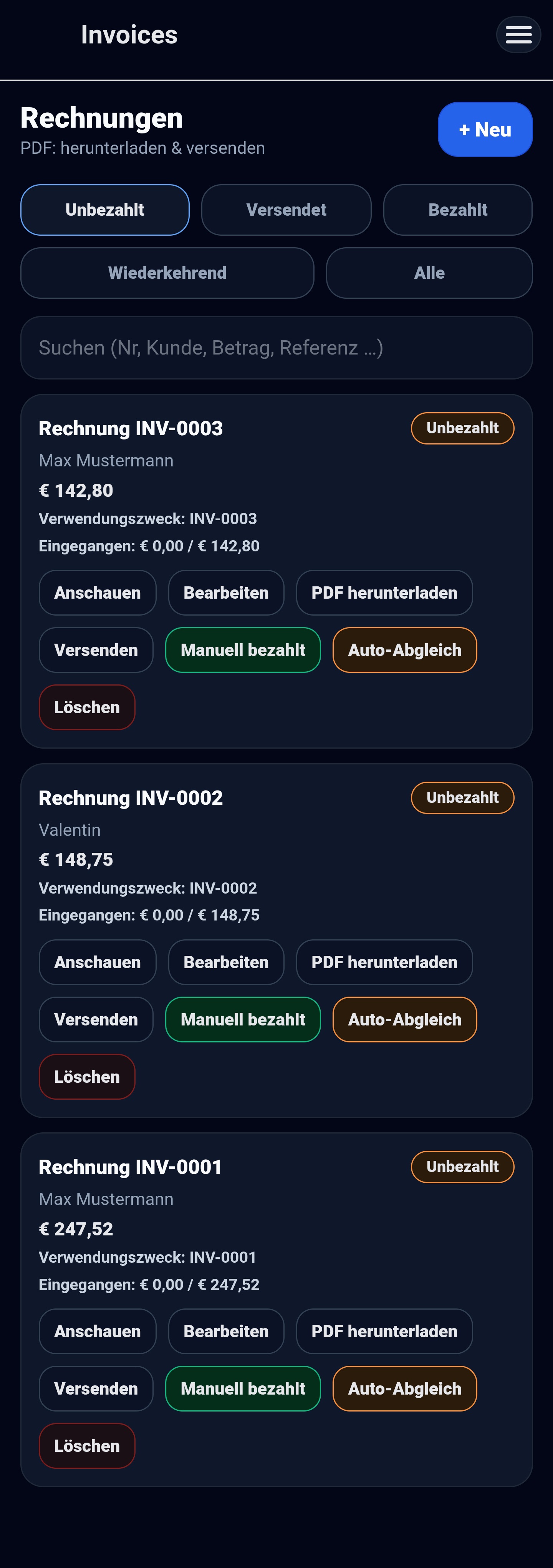 Valvero Rechnungsübersicht mit Filter-Buttons und Aktionen pro Rechnung