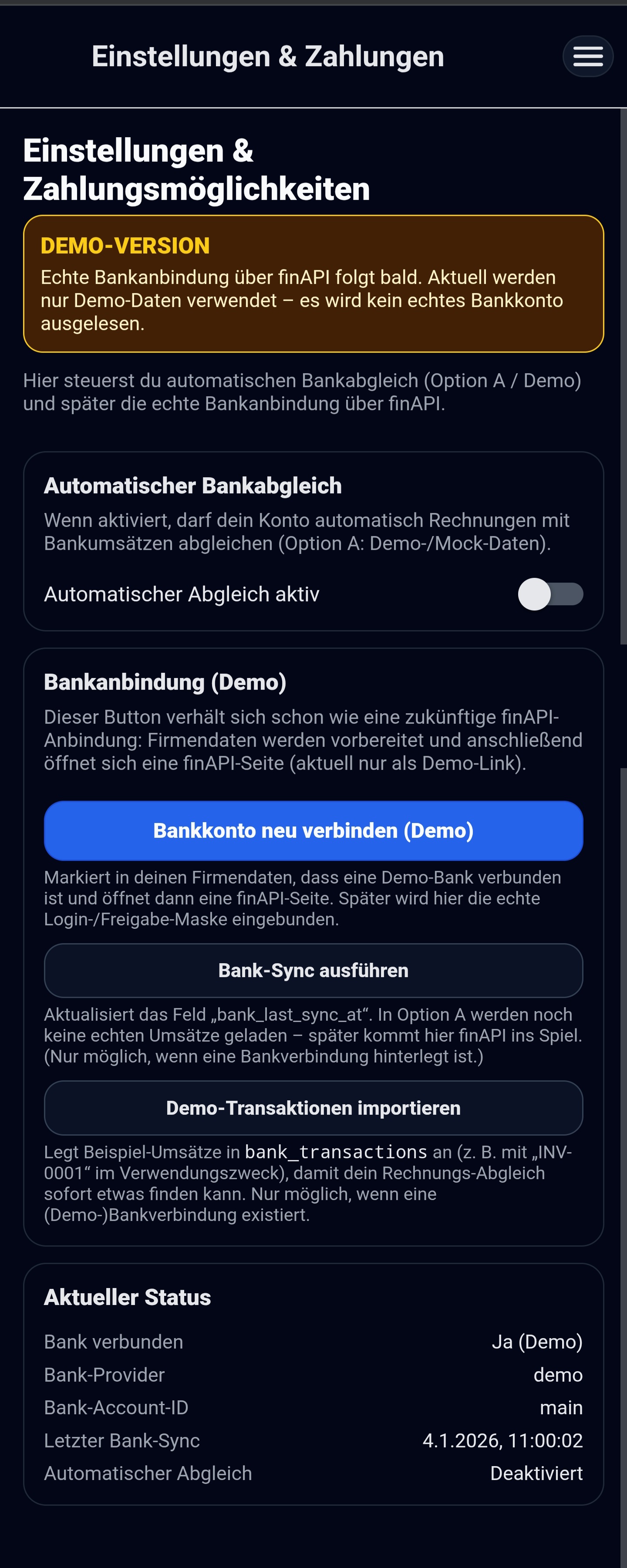 Valvero Einstellungen und Zahlungsmöglichkeiten mit Demo-Bankanbindung